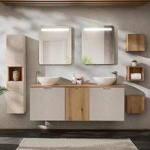 160cm dubbel badmeubel met 4 LED spiegeldeuren en 3 Manoa Cashmere en Wood bovenkasten 160cm dubbel badmeubel met 4 LED spiegeldeuren en 3 Manoa Cashmere en Wood bovenkasten