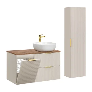 100cm enkele wastafel met wasmand en Adriel kasjmier en houten kolom set 100cm enkele wastafel met wasmand en Adriel kasjmier en houten kolom set