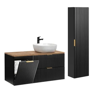120cm enkele wastafel met wasmand en Adriel kolom in zwart en hout 120cm enkele wastafel met wasmand en Adriel kolom in zwart en hout