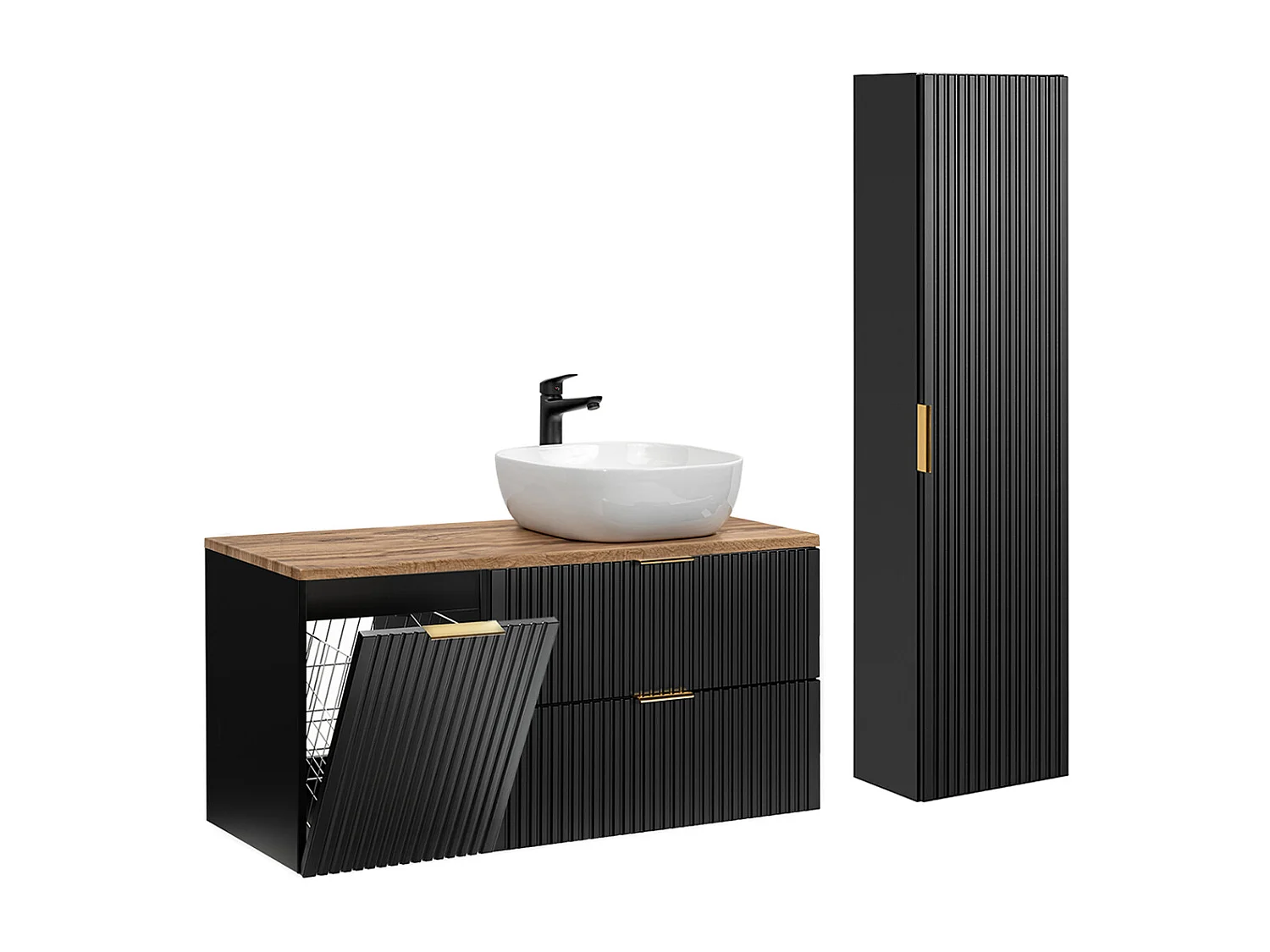 120cm enkele wastafel met wasmand en Adriel kolom in zwart en hout