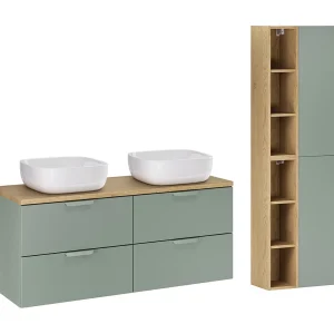 120cm dubbele wastafel en Oria onderstel mat groen 120cm dubbele wastafel en Oria onderstel mat groen