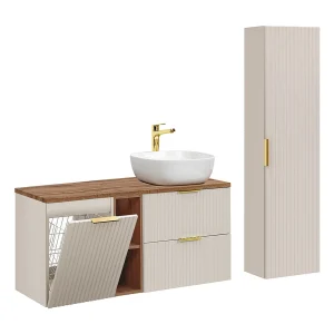 Adriel kasjmier en hout enkel wastafelmeubel 120cm 2 nissen wasmand en sokkel Adriel kasjmier en hout enkel wastafelmeubel 120cm 2 nissen wasmand en sokkel