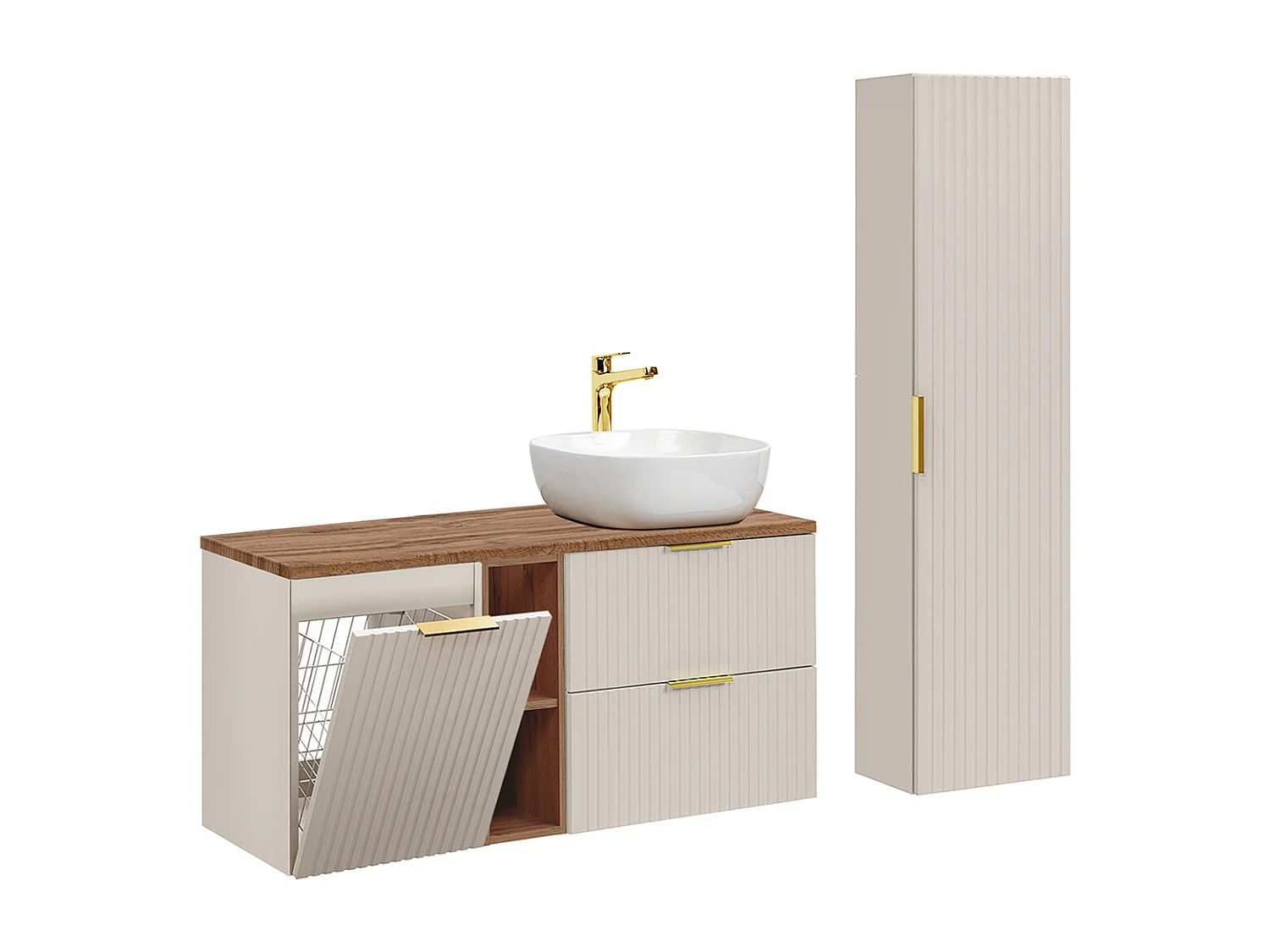 Adriel kasjmier en hout enkel wastafelmeubel 120cm 2 nissen wasmand en sokkel