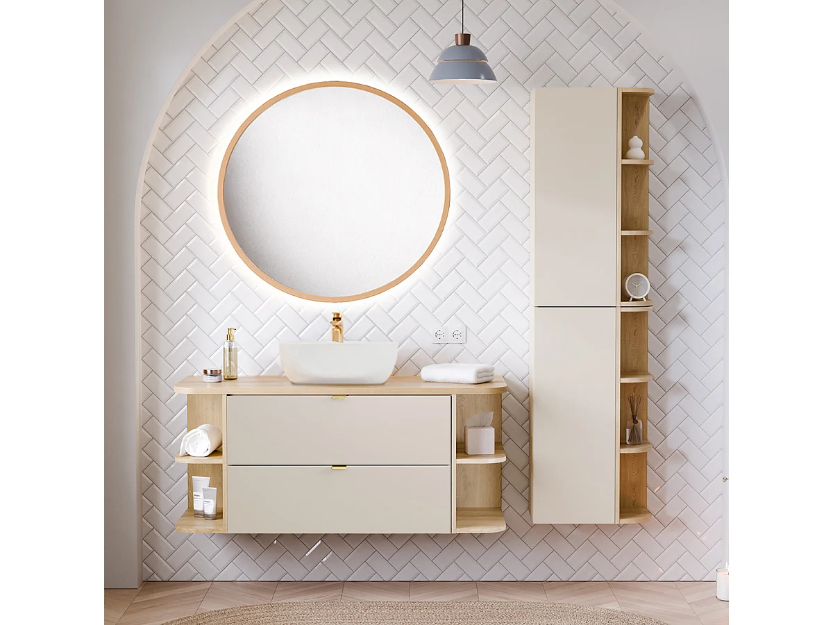 Azel kasjmier en hout 120cm enkel wastafelmeubel met LED spiegel