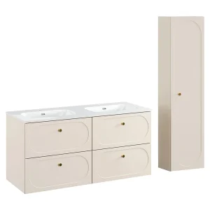 120cm inbouw dubbele wastafel en sokkel Sanae zand beige 120cm inbouw dubbele wastafel en sokkel Sanae zand beige