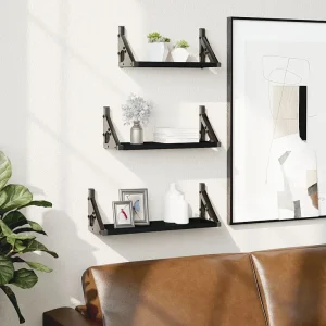 3-delige Wandschappenset bewerkt hout zwart