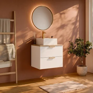 Zwevend badkamermeubel, enkele vierkante opzetwastafel en kraan, kleur wit, B60 cm, AVORELI