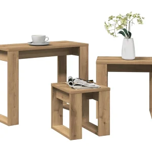 3-delige Bijzettafelset bewerkt hout artisanaal eikenkleur 3-delige Bijzettafelset bewerkt hout artisanaal eikenkleur