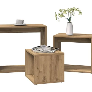 3-delige Tafeltjesset bewerkt hout artisanaal eikenkleur