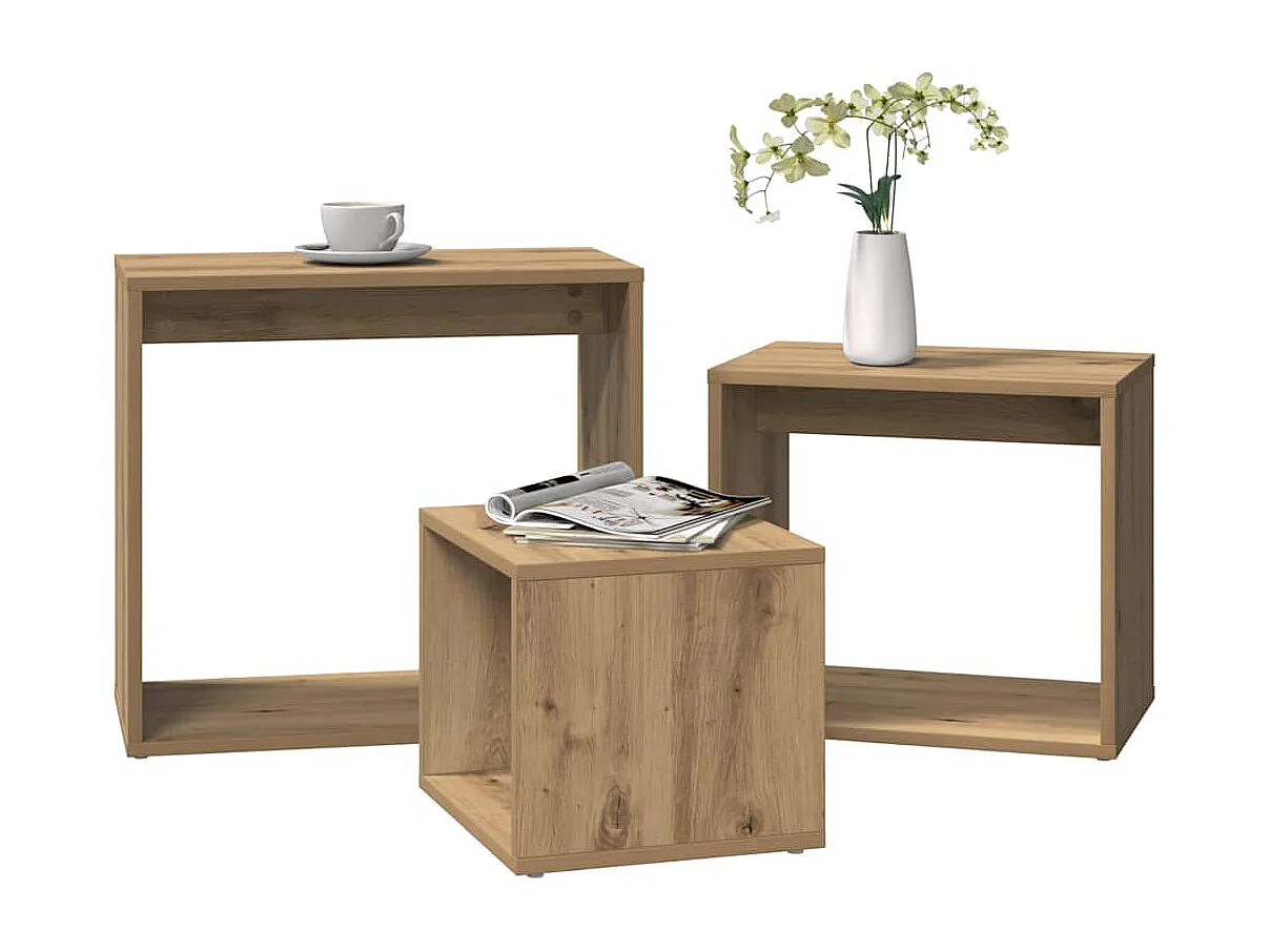 3-delige Tafeltjesset bewerkt hout artisanaal eikenkleur
