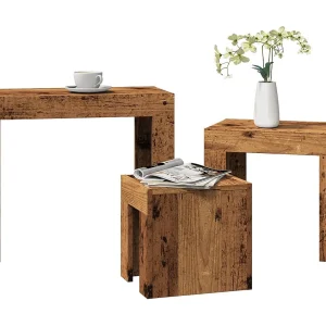 3-delige Tafeltjesset bewerkt hout oud houtkleurig 3-delige Tafeltjesset bewerkt hout oud houtkleurig