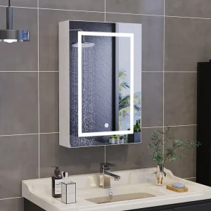 Badkamermeubel met 50x70cm LED-spiegel, verstelbare planken en aanraakschakelaar – Wit vochtbestendig MDF Badkamermeubel met 50x70cm LED-spiegel, verstelbare planken en aanraakschakelaar – Wit vochtbestendig MDF