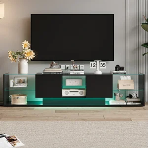 200 cm zwarte hangende LED-tv-kast met modern design, gehard glas en RGB-verlichting 200 cm zwarte hangende LED-tv-kast met modern design, gehard glas en RGB-verlichting