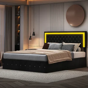 160×200 cm fluwelen opbergbed – met LED en lattenbodem – Tweepersoonsbed met opbergruimte – met in hoogte verstelbaar hoofdeinde – Zwart