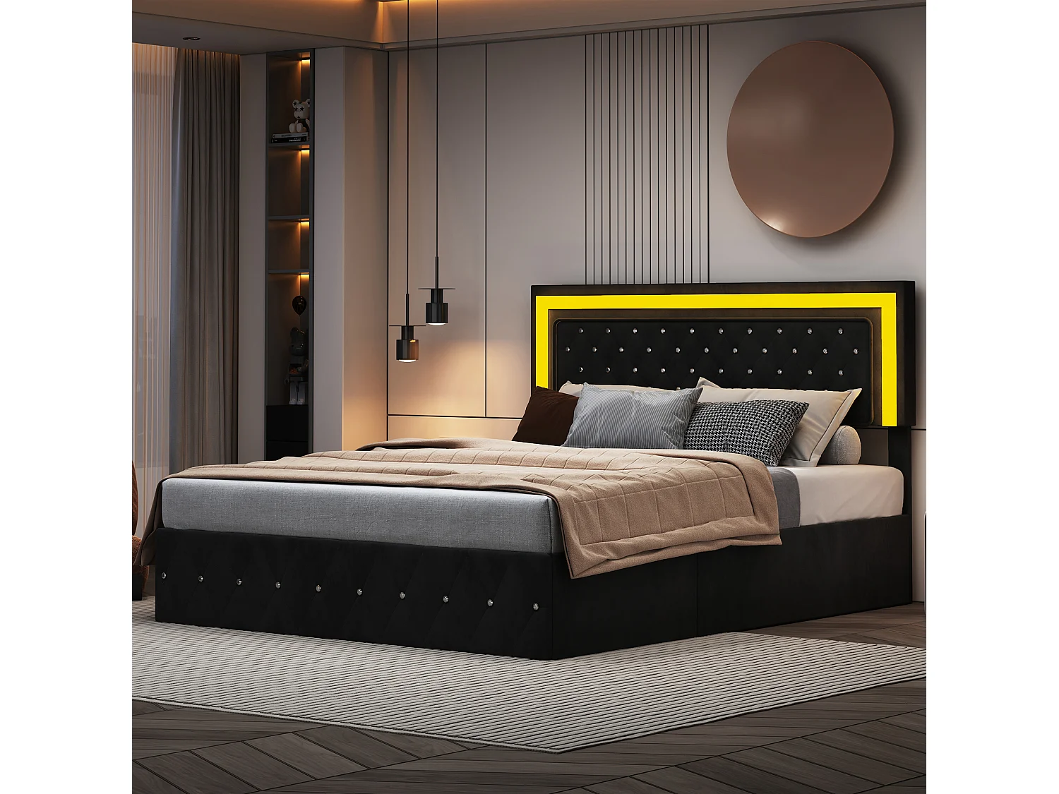 160x200 cm fluwelen opbergbed - met LED en lattenbodem - Tweepersoonsbed met opbergruimte - met in hoogte verstelbaar hoofdeinde - Zwart