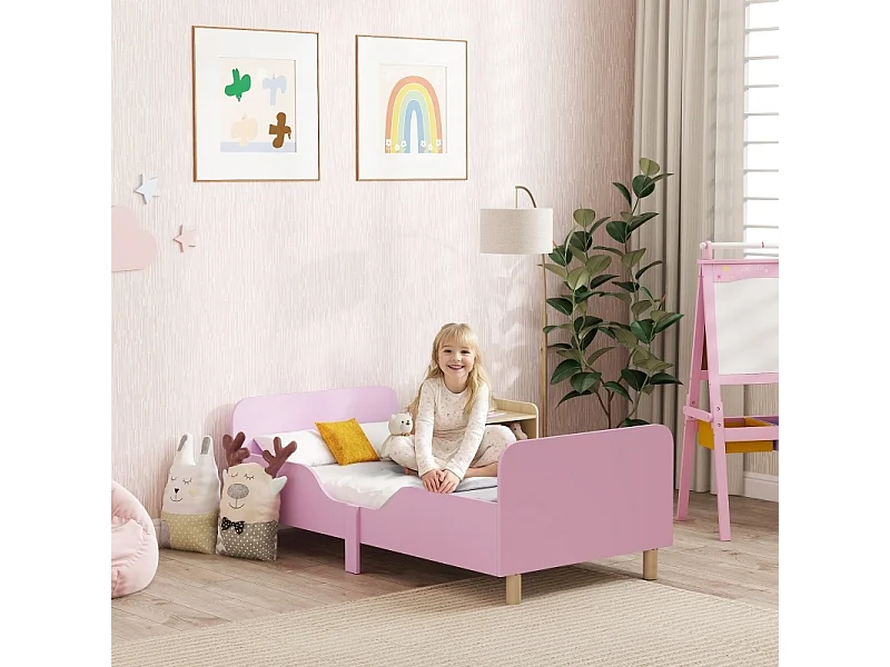 AIYAPLAY Roze MDF Kinderbedframe - Eenpersoonsbed met Veiligheidsrails, Zonder Matras