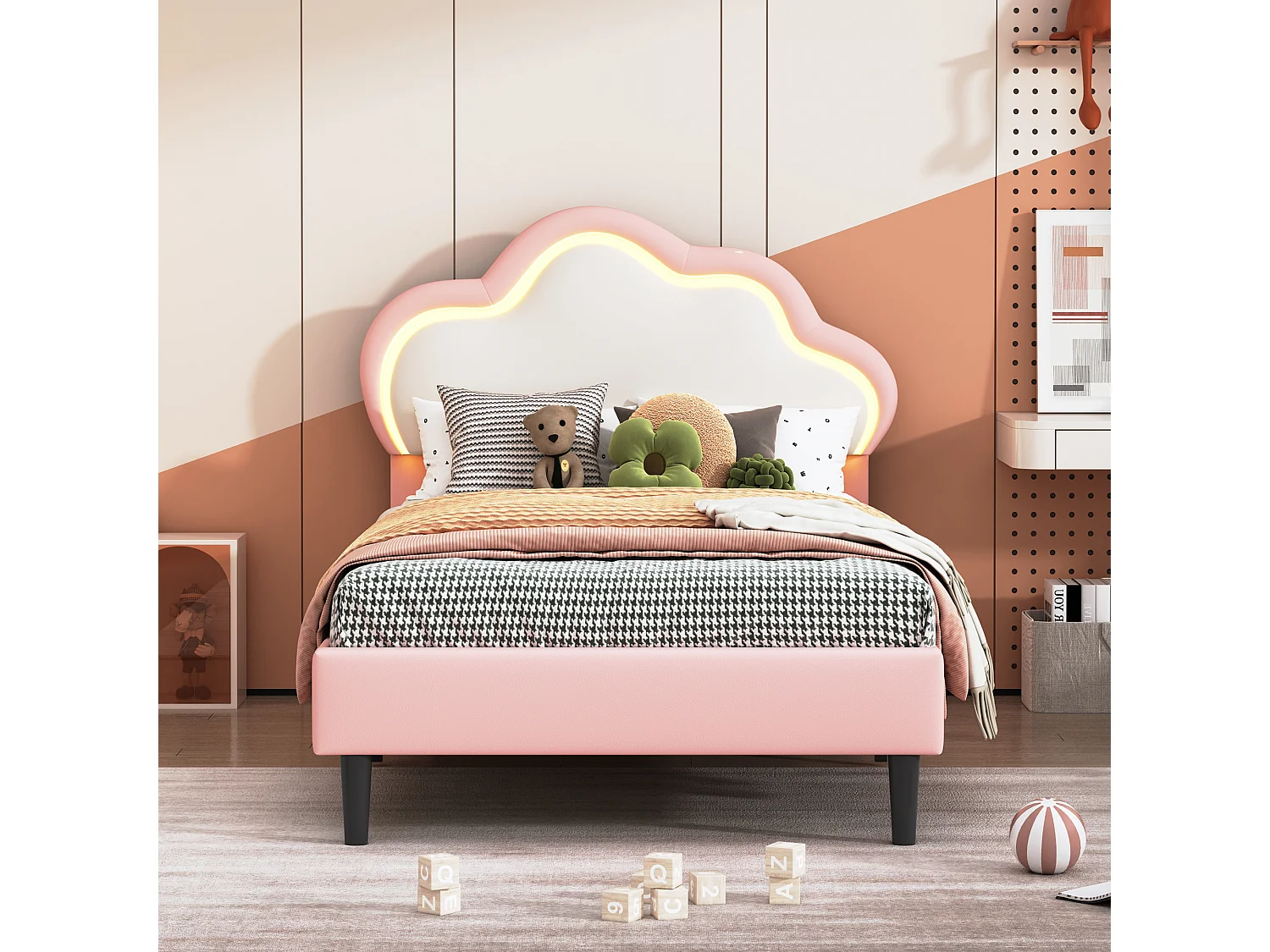 90x200cm Eenpersoonsbed Kinderbed PU Wolkenbed met LED-verlichting