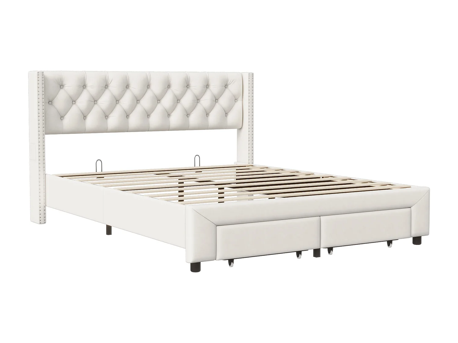 Geklonken bed 160*200cm, lade + ledstrip + USB-oplaadpoort + opbergtas, fluweel, beige