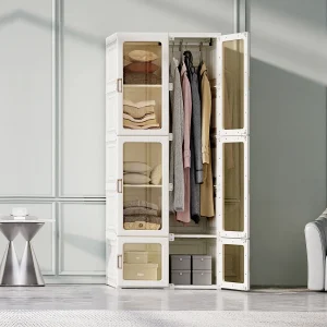 Kledingkast met 10 vakken, 6 deuren, 1 hangkast – Opvouwbare kledingkast met transparante deuren, 69x50x170cm – Wit