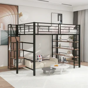 140×200 cm zwart mezzaninebed – Veiligheidsladder, opbergruimte, kleine kledingkast, planken, hoge rails