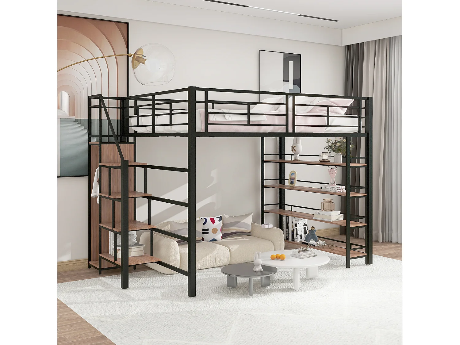 140x200 cm zwart mezzaninebed – Veiligheidsladder, opbergruimte, kleine kledingkast, planken, hoge rails