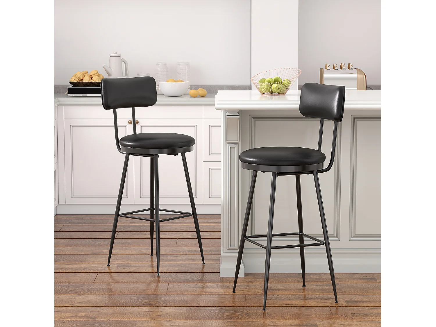2 zwarte barstoelen met rugleuning, kunstleer, zithoogte 65 cm, voor keuken
