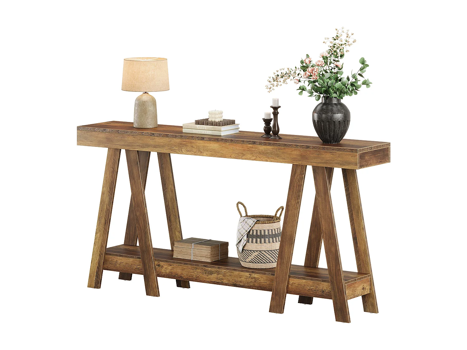 180 cm brede consoletafel in boerderijstijl met 2 niveaus, ideaal als bijzettafel achter de bank in de woonkamer of hal.