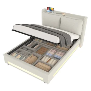Opbergbed 140x200cm met USB-C, LED-verlichting en afneembaar kussen – Beige linnen stof – Matras niet inbegrepen Opbergbed 140x200cm met USB-C, LED-verlichting en afneembaar kussen – Beige linnen stof – Matras niet inbegrepen