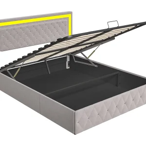 Opbergbed van 160×200 cm met ledverlichting, tweepersoonsbed met verstelbaar hoofdeinde, fluweel, beige