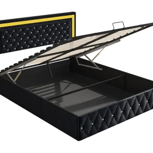 Opbergbed van 160×200 cm met ledverlichting, tweepersoonsbed met verstelbaar hoofdeinde, fluweel, zwart