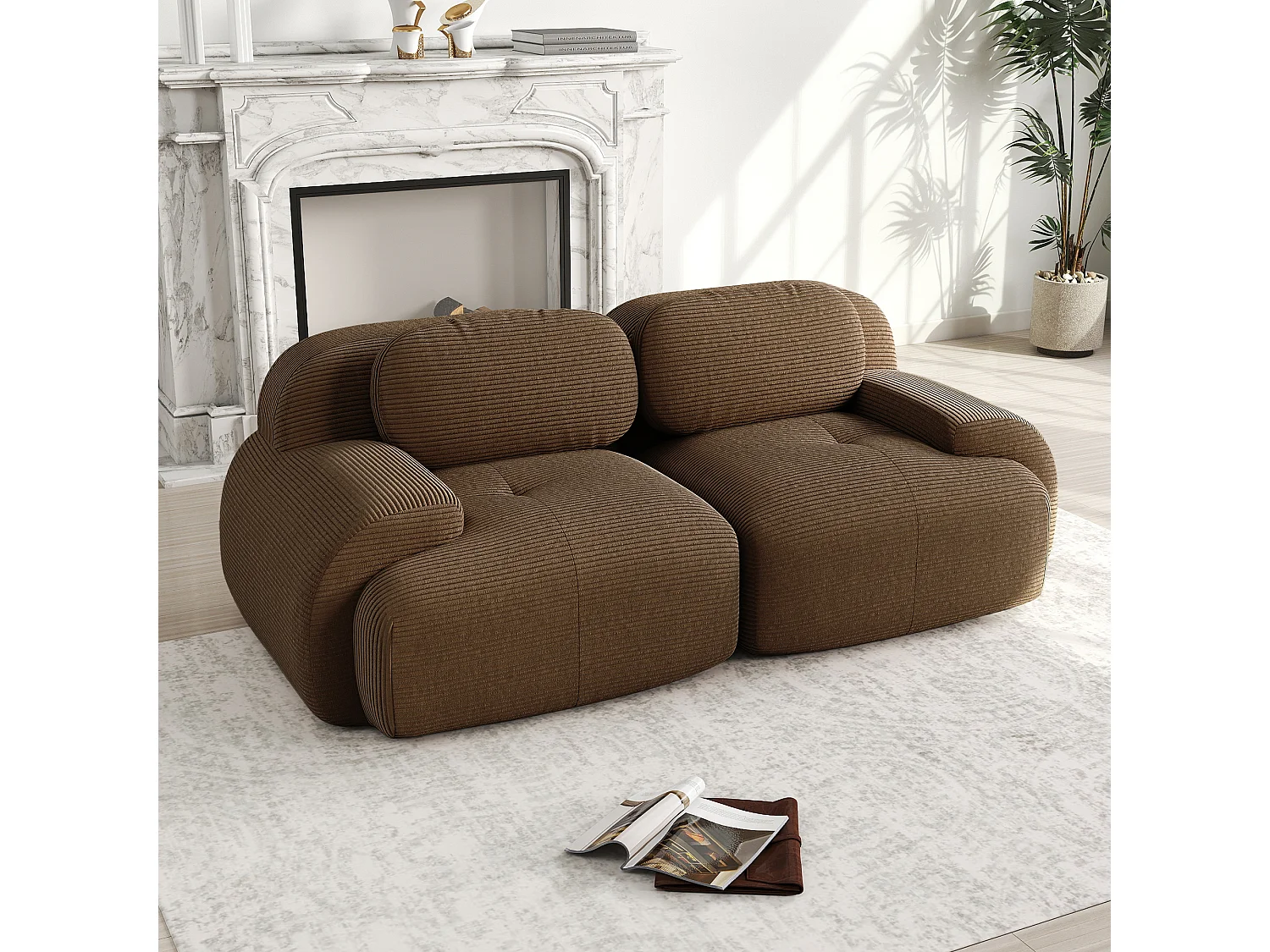 Bank 2-zits modulair in Ribfluweel - met 2 kussens - 208x103x70cm - Bruin