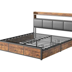 Gestoffeerd bed van 160×200 cm, metalen bed met LED-verlichting, met 4 lades, massief houten opbergbed, houtkleur