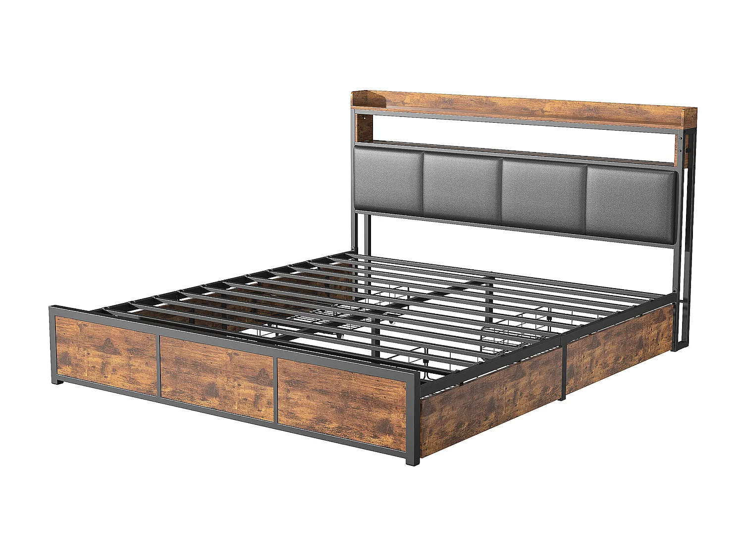 Gestoffeerd bed van 160x200 cm, metalen bed met LED-verlichting, met 4 lades, massief houten opbergbed, houtkleur