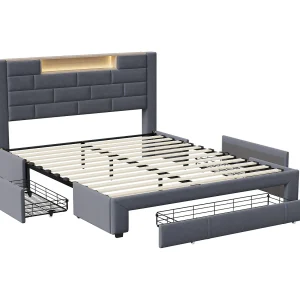 Uittrekbaar bed van 160 x 200 cm, nachtkastje met opbergruimte, ledstrip, geïntegreerde USB-poort, Europese oplader, grijs, fluweel