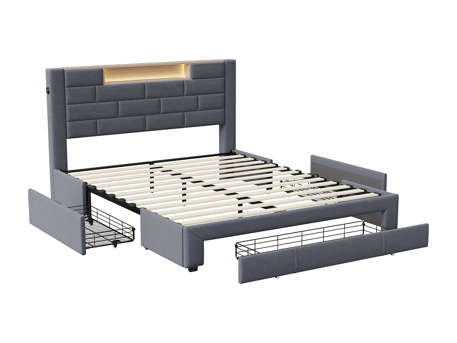 Uittrekbaar bed van 160 x 200 cm, nachtkastje met opbergruimte, ledstrip, geïntegreerde USB-poort, Europese oplader, grijs, fluweel
