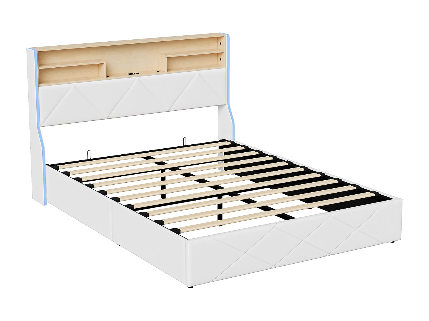 160x200cm Opbergbed met LED en USB-poorten, met opbergruimte en hoofdeinde, met lattenbodem, PU, Wit
