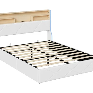 140x200cm Opbergbed met LED en USB-poorten, met opbergruimte en hoofdeinde, met lattenbodem, PU, Wit
