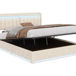 160 x 200 cm Opbergbed met LED-verlichting en USB-aansluiting, Tweepersoonsbed met opbergruimte en hoofdeinde, Fluweel, Beige 160 x 200 cm Opbergbed met LED-verlichting en USB-aansluiting, Tweepersoonsbed met opbergruimte en hoofdeinde, Fluweel, Beige