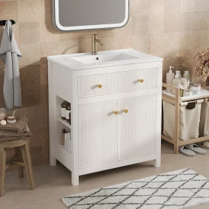 Badkamermeubel op poten 81cm met keramische wastafel, 1 klaplade en 1 deur – wit Badkamermeubel op poten 81cm met keramische wastafel, 1 klaplade en 1 deur – wit