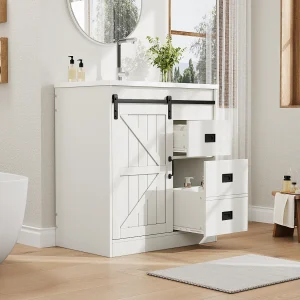 Badkamermeubel 76cm met keramische wastafel, schuurdeur-design, met lades – wit Badkamermeubel 76cm met keramische wastafel, schuurdeur-design, met lades – wit