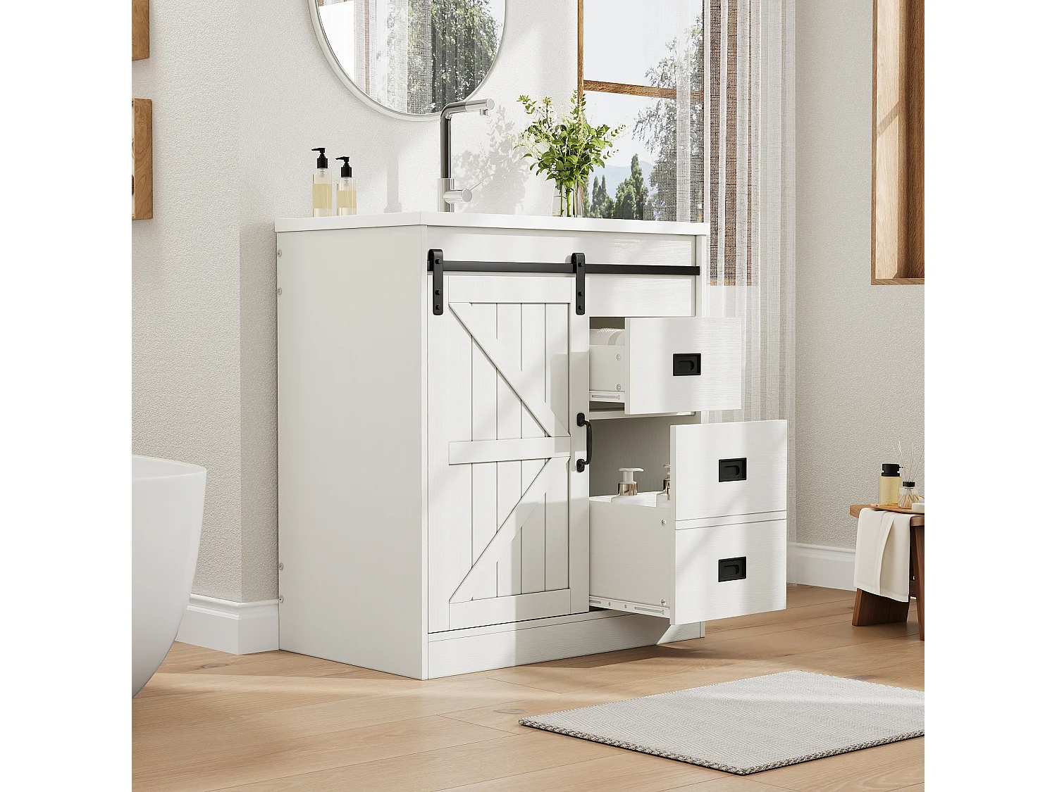 Badkamermeubel 76cm met keramische wastafel, schuurdeur-design, met lades - wit