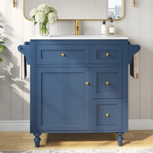 Badkamermeubel 100cm met keramische wastafel, soft-close lades, uittrekbare plank en handdoekhouder – blauw