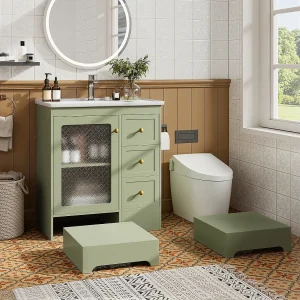 Badkamermeubel 80cm met 2-in-1 opstapje, keramische wastafel, LED en soft-close lades – groen Badkamermeubel 80cm met 2-in-1 opstapje, keramische wastafel, LED en soft-close lades – groen