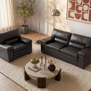 Driezitsbank en fauteuilvan buffelleer MIMAS zwart Driezitsbank en fauteuilvan buffelleer MIMAS zwart