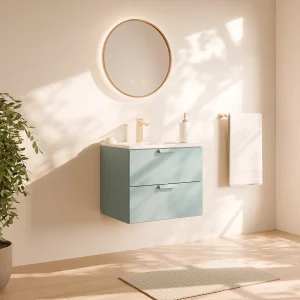 Zwevend badkamermeubel, enkele inbouwwastafel, kraan en spiegel, saliegroen, 60 cm, AVORELI