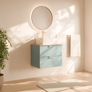 Zwevend badkamermeubel, enkele vierkante wastafel, kraan en spiegel, saliegroen, B60 cm, AVORELI