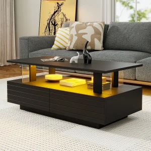 Acryl LED salontafel met dubbel blad en opbergruimte en bediening in zwart Acryl LED salontafel met dubbel blad en opbergruimte en bediening in zwart