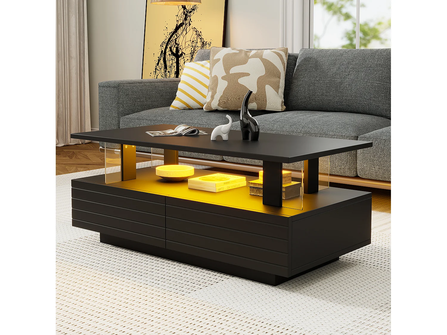 Acryl LED salontafel met dubbel blad en opbergruimte en bediening in zwart