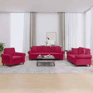 3-delige Loungeset met kussens fluweel wijnrood