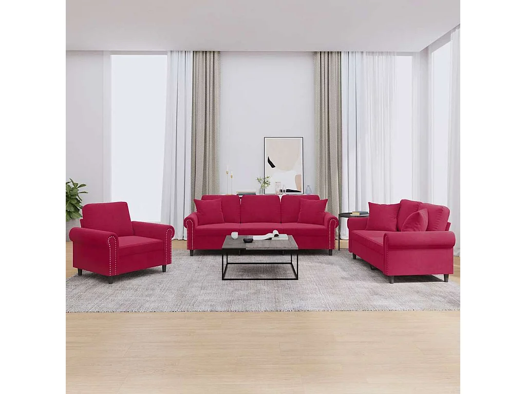 3-delige Loungeset met kussens fluweel wijnrood
